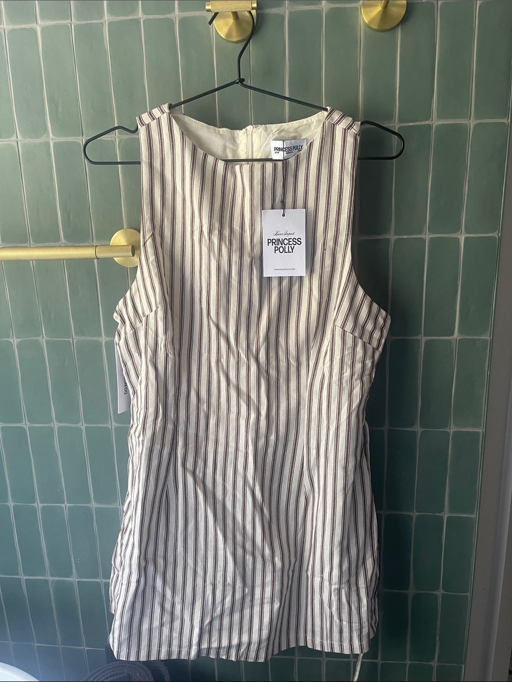 Princess Polly Cream Striped Sleeveless Tunic with Brown Pinstripes